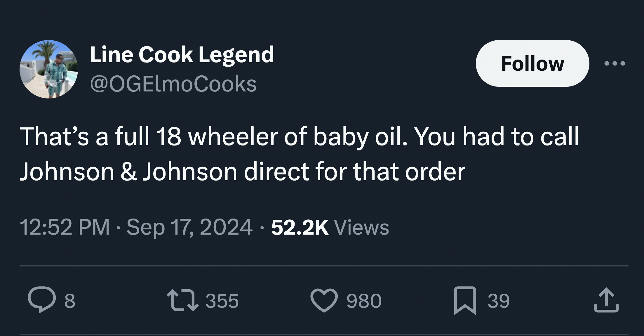 diddy tweets and reactions - screenshot - Line Cook Legend That's a full 18 wheeler of baby oil. You had to call Johnson & Johnson direct for that order Views 8 355 980 39